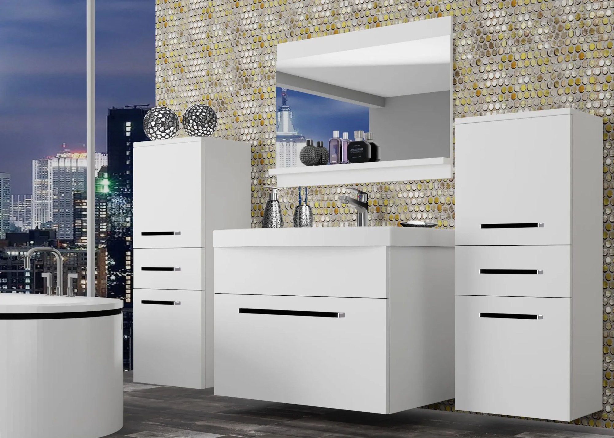 Kúpeľňový nábytok Belini biely mat + umývadlo + zrkadlo ROD M 4/0/W/W/0/ZW