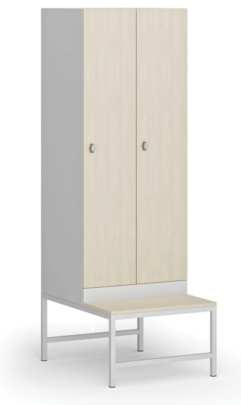 Šatníková skrinka S1 s lavičkou, 2 oddiely, 1875 x 600 x 500/800 mm, demont, otočný zámok, laminované dvere, breza