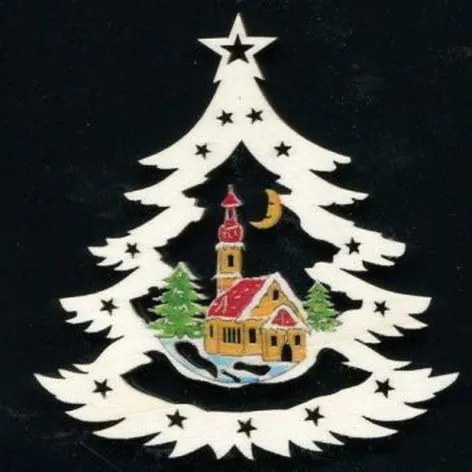 AMADEA Drevená ozdoba farebná stromček s kostolom 9 cm