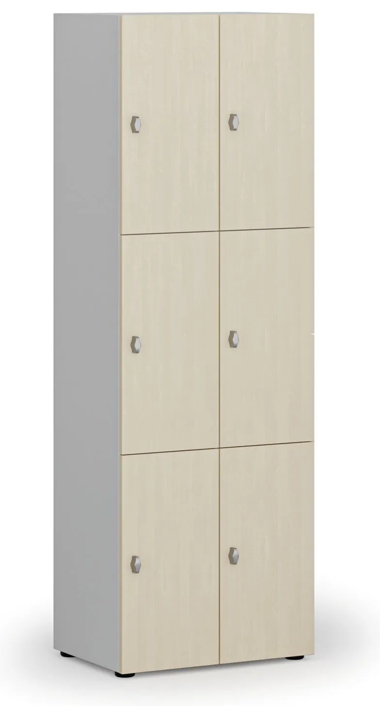 Drevená šatníková skrinka S4 s úložnými boxmi, 6 boxov, demont, otočný zámok, sivá/breza