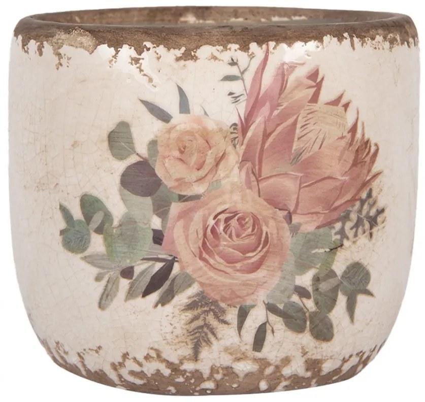 Béžový keramický kvetináč s kvetmi Protea Eucalypt S - Ø 11*10 cm