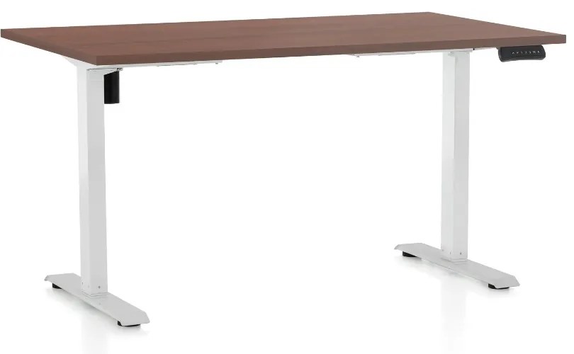 Výškovo nastaviteľný stôl OfficeTech B, 140 x 80 cm, biela podnož, orech
