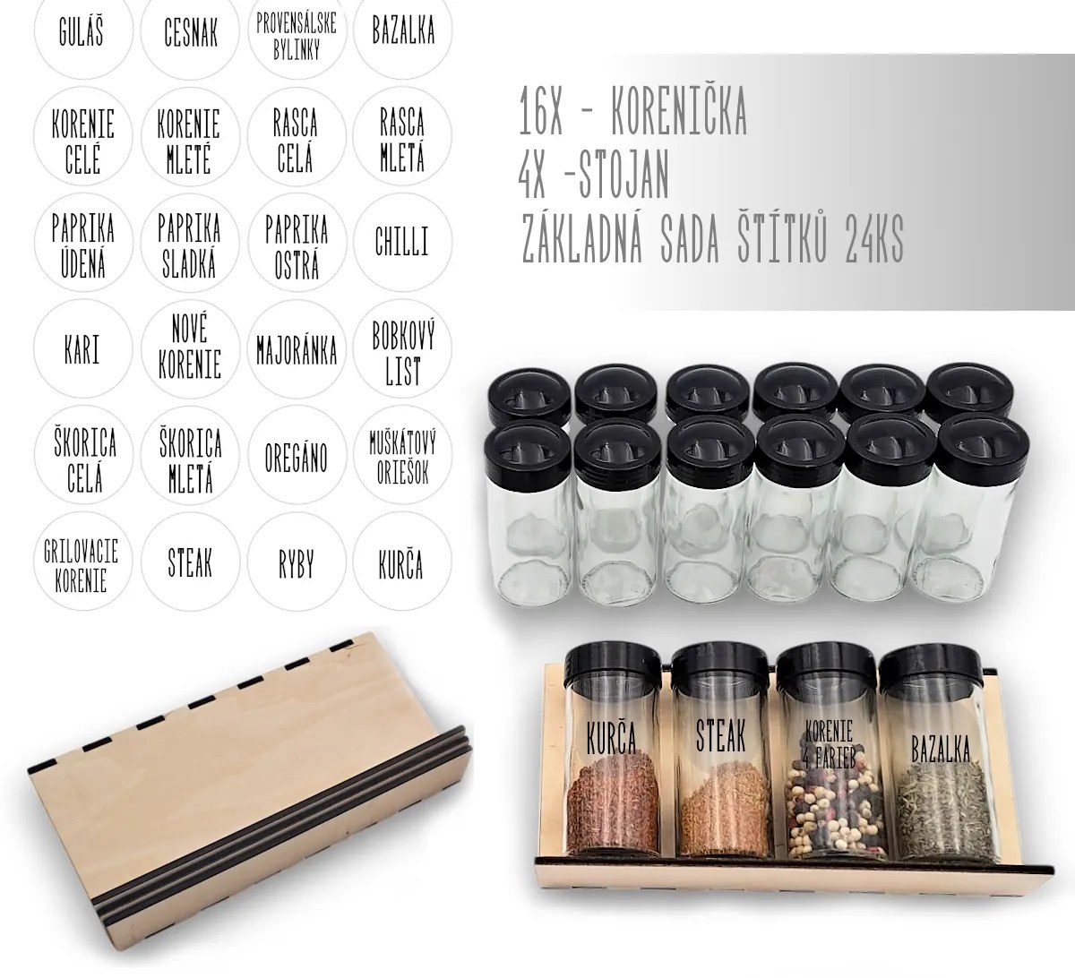 Orion Súprava 16 ks koreničiek BLACK 80 ml + 4 ks organizér na koreničky VASKY + súprava 24 ks štítkov