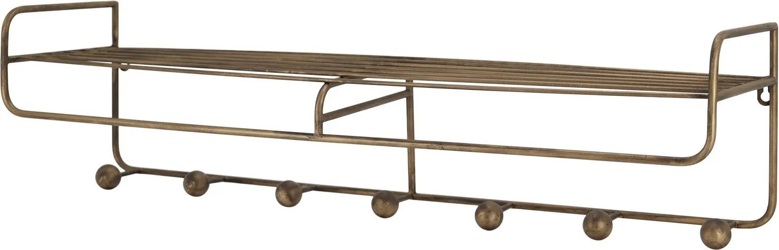 Mosadzná antik nástenná kovová polička s háčikmi Dianne - 80*20*21cm