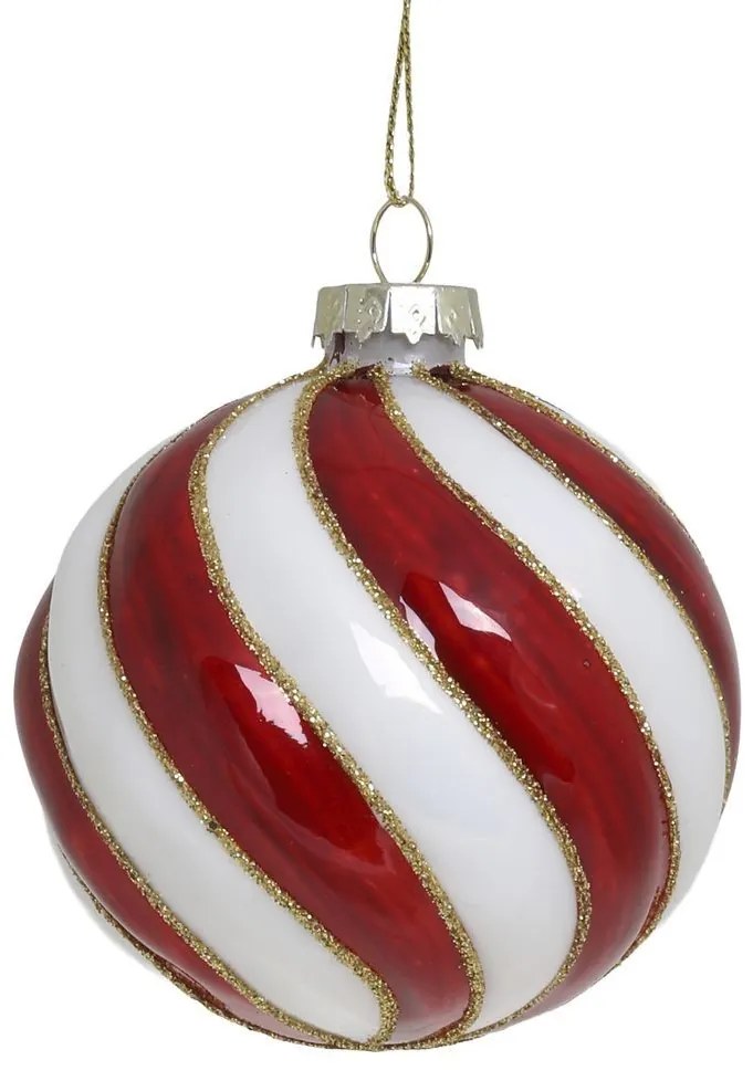Červenobiela sklenená vianočná ozdoba gule - Ø 8 cm