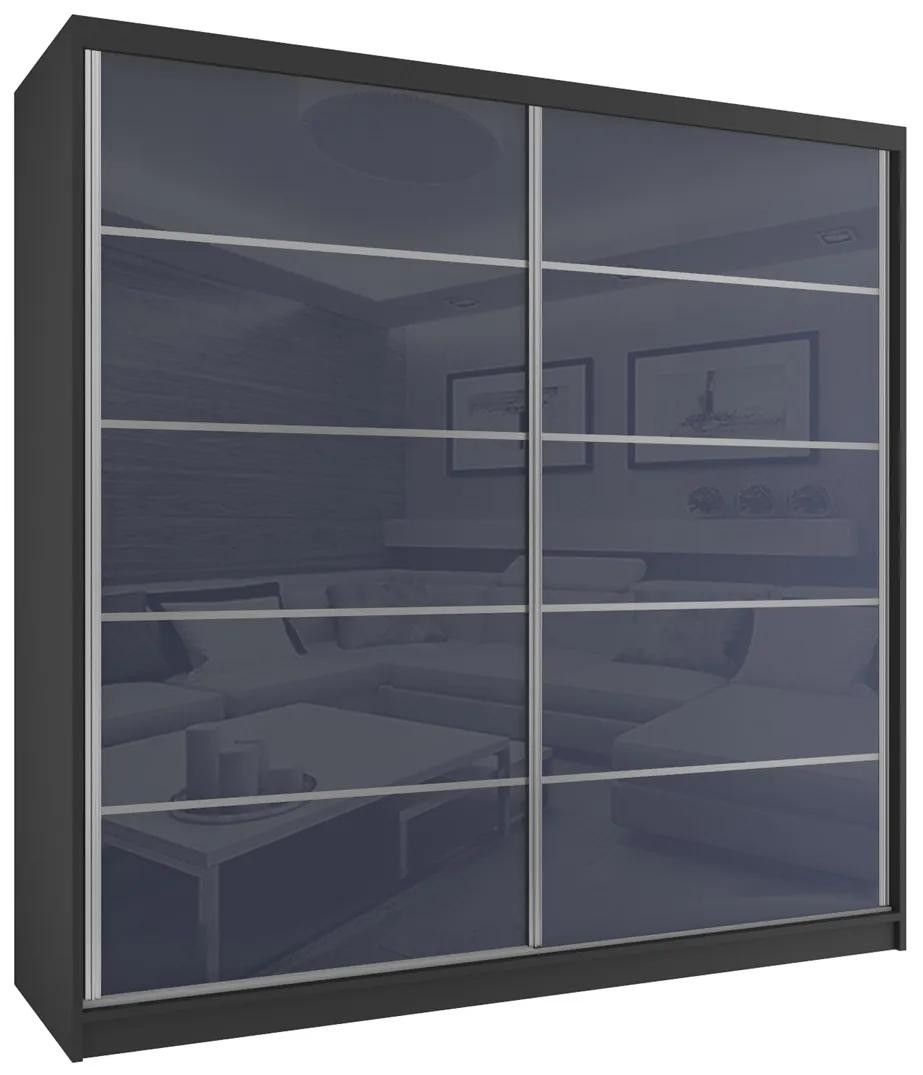 Šatníková skriňa 200 cm Belini čierny mat / šedý lesk s posuvnými dverami BH SZP1/2/B/WI/5S/HI