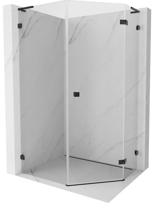 Mexen Lunar, L pravý výklopný päťuholníkový sprchový kút 80 x 90 cm, 8mm číre sklo, čierny profil, 831L-080P-090L-70-00-P