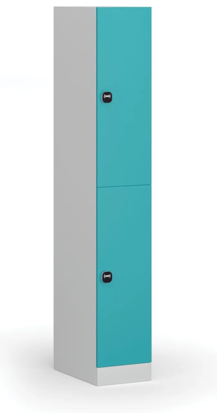 Šatníková skrinka S1 s úložnými boxmi, 2 boxy, 1850 x 300 x 500 mm, demont, zámok s čítačkou RFID kariet, zelené dvere