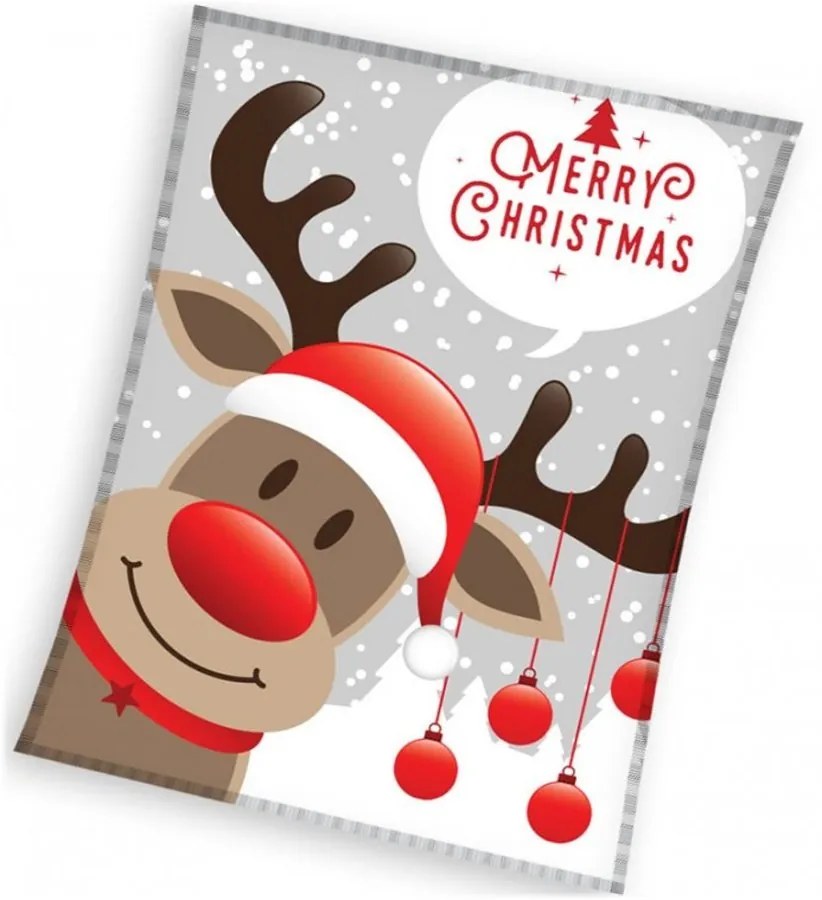 Veľká vianočná coral fleece deka Sob Rudolf - šedá