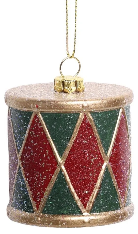 Červeno-zelená vianočná ozdoba Vintage bubon - Ø 6*6 cm