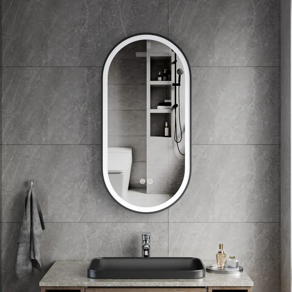Erga Gwen, oválne LED zrkadlo 40x80cm v čiernom kovovom ráme, 3 farby svetla, predné osvetlenie, vyhrievacia podložka proti zapareniu, ERG-V01-GWEN-4080-BK