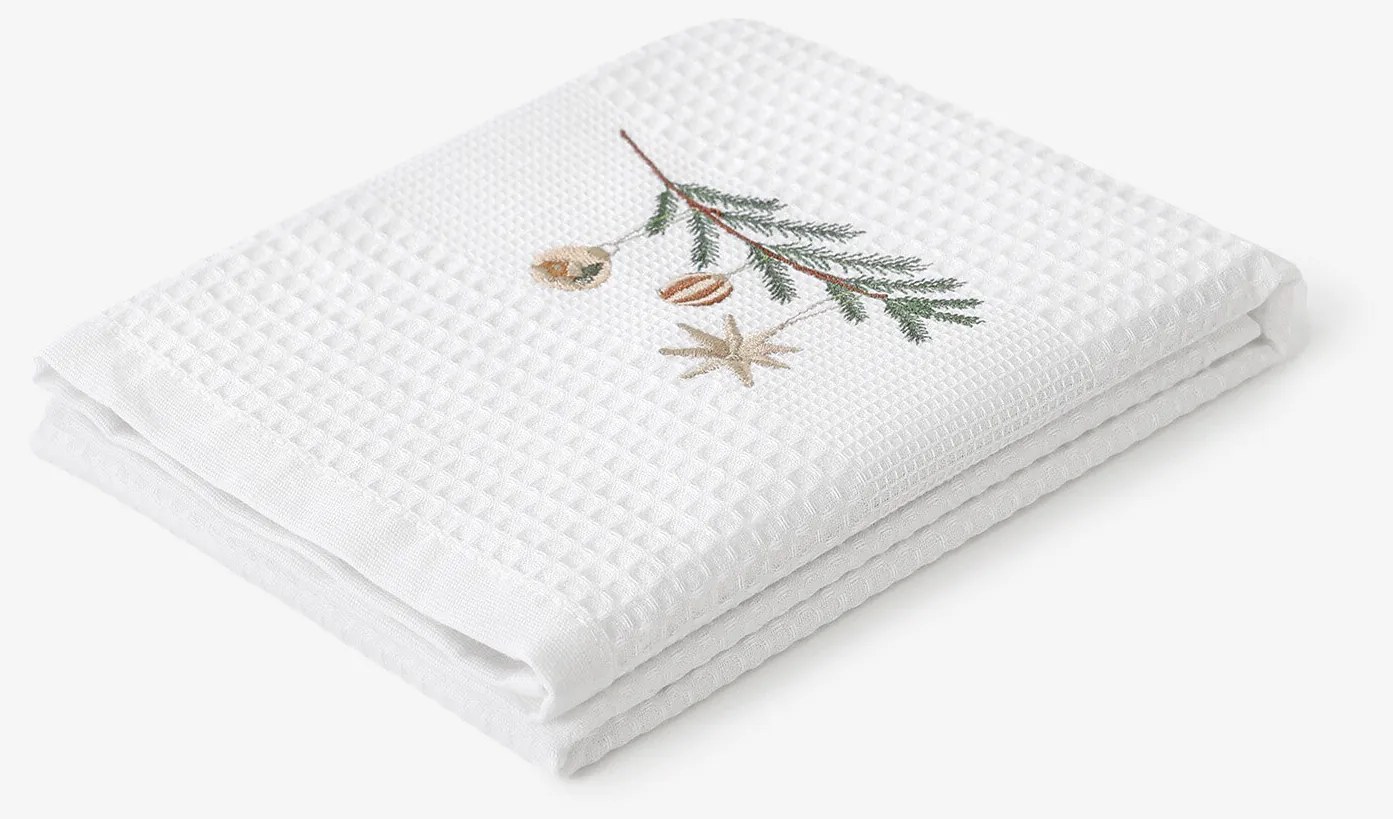 Goldea vianočná kuchynská vaflová utierka s výšivkou - baňky na vetve na bielom 50 x 70 cm