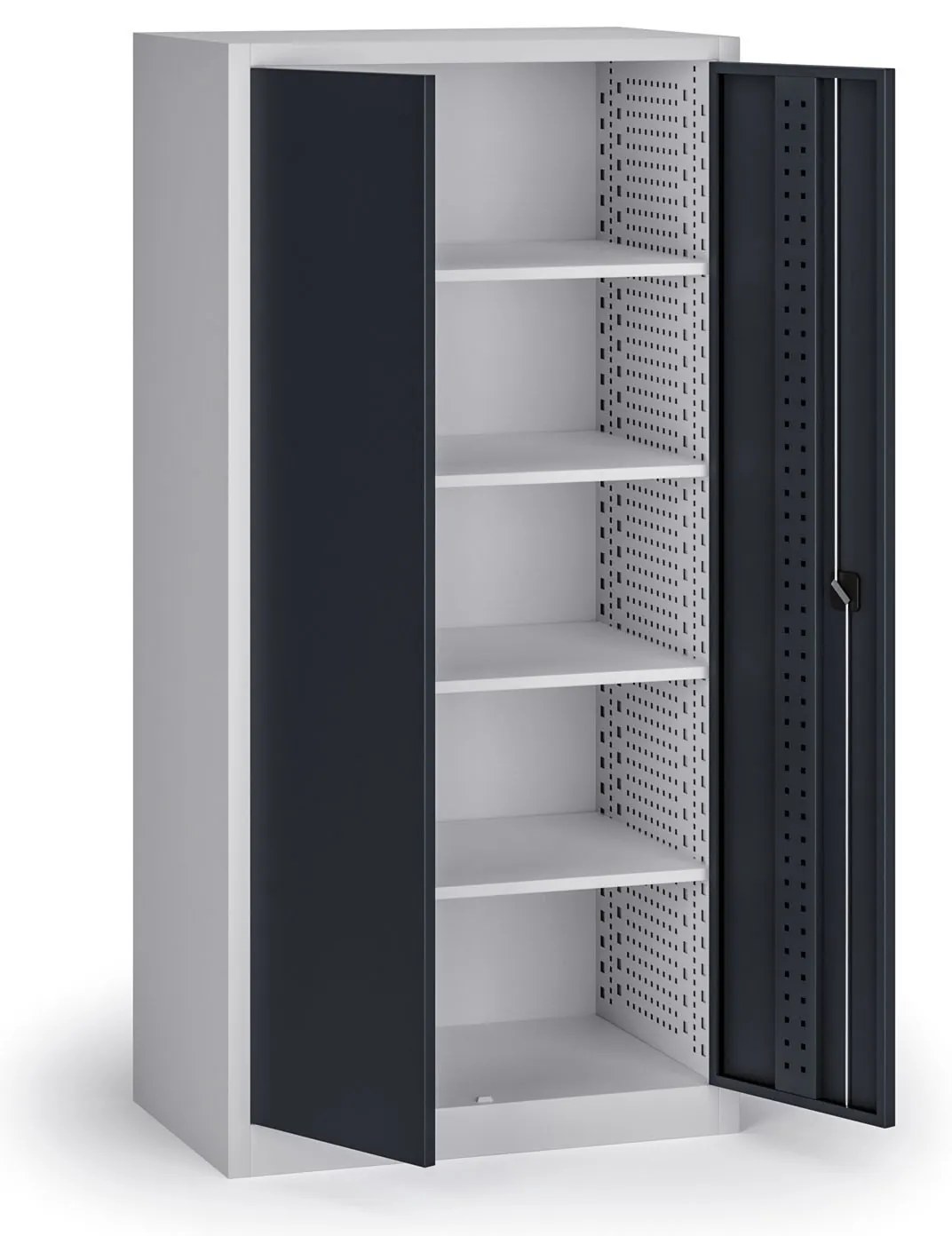 Policová dielenská skriňa na náradie KOVOS, perforovaný panel, 4 police, 950 x 600 x 1950 mm, grafit