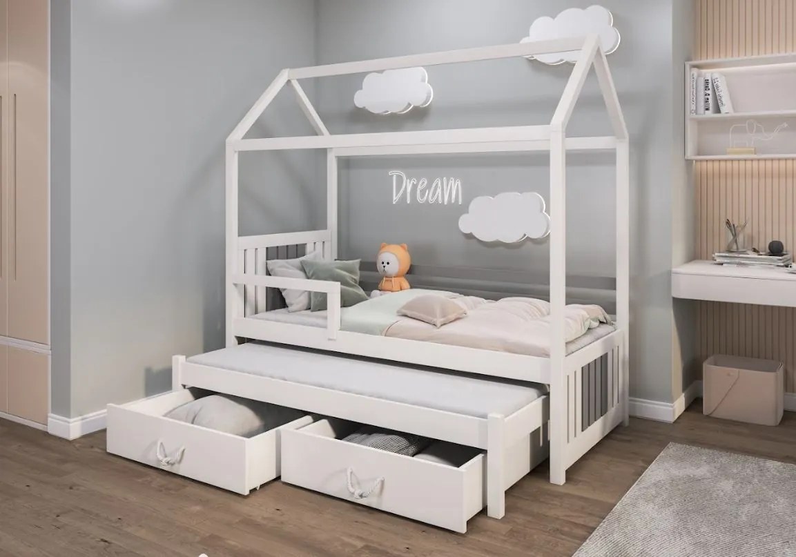 Detská domčeková posteľ z masívu borovice JONAS II s prístelkou a šuplíky - 200x90 cm - biela/šedá