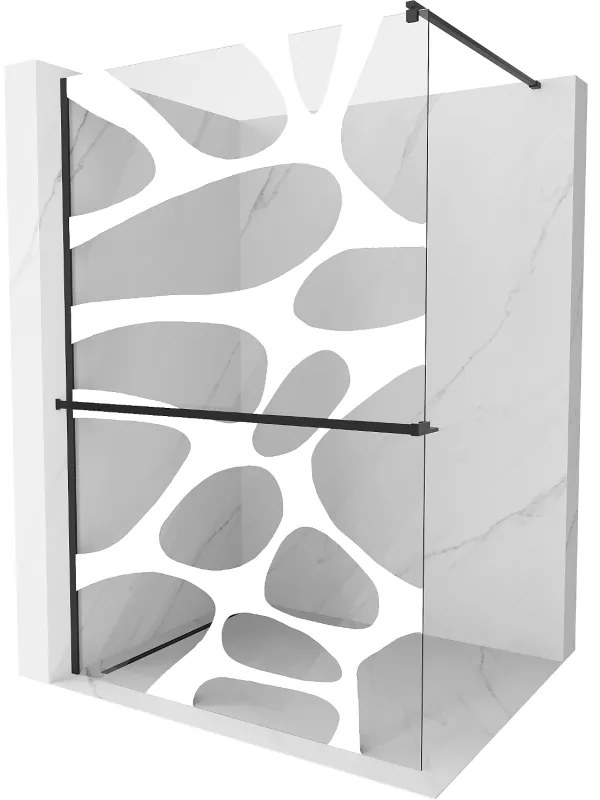 Mexen Kioto+, sprchová zástena s poličkou a držiakom na uteráky 100 x 200 cm, 8mm sklo číre sklo vzor biely, čierny profil, 800-100-121-70-97