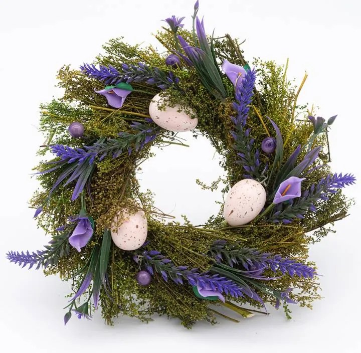 DECOLED Veľkonočný veniec, 25 x 25 x 8 cm, zelený veniec, fialové kvety