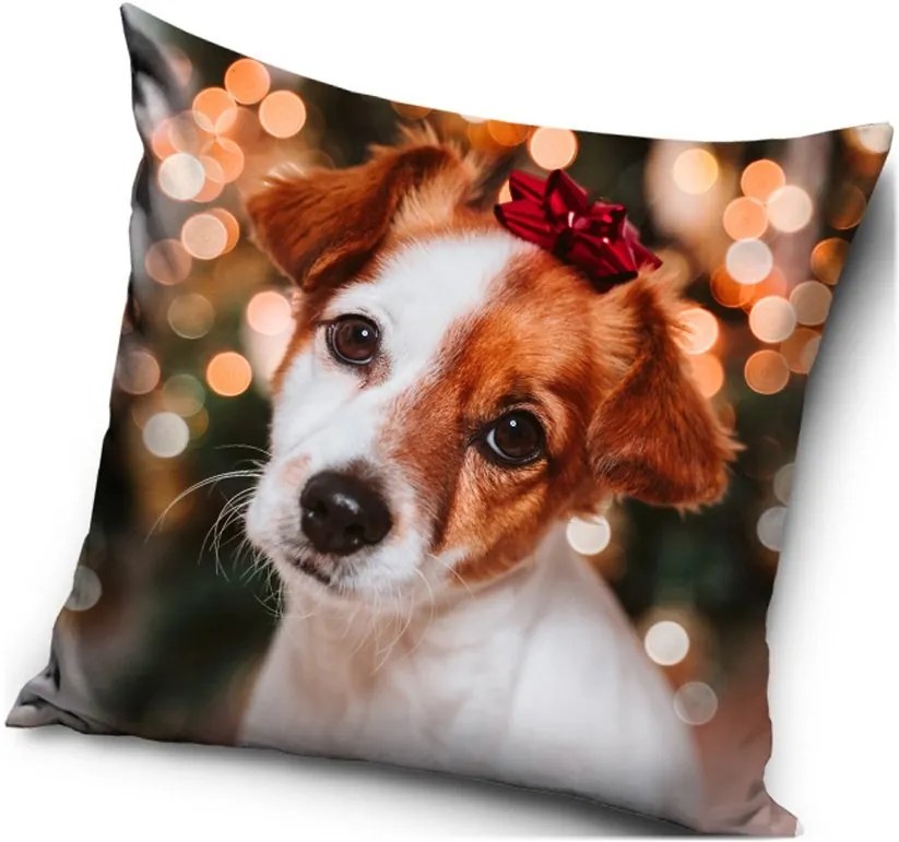 Vianočný vankúš - motív Psík s mašličkou - 40 x 40 cm