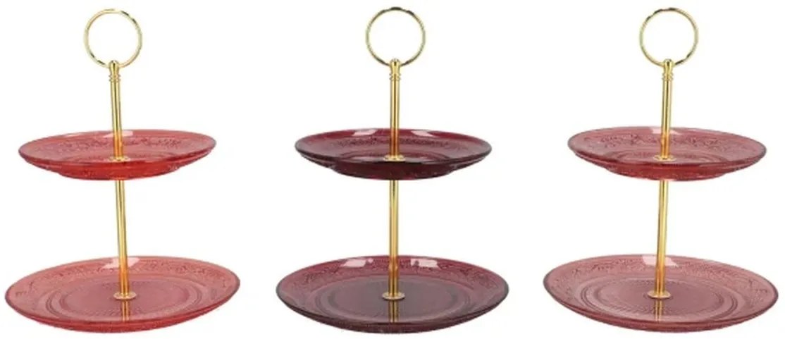 3ks sklenený 2-poschodový etažér Dayah ružová mix - Ø 18/ Ø 15*24 cm