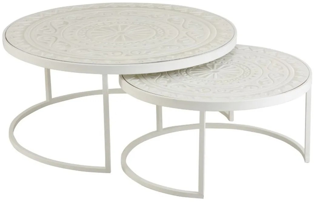 Set 2 bielych kovových stolíkov s ornamentovou doskou - Ø79 * 36 cm