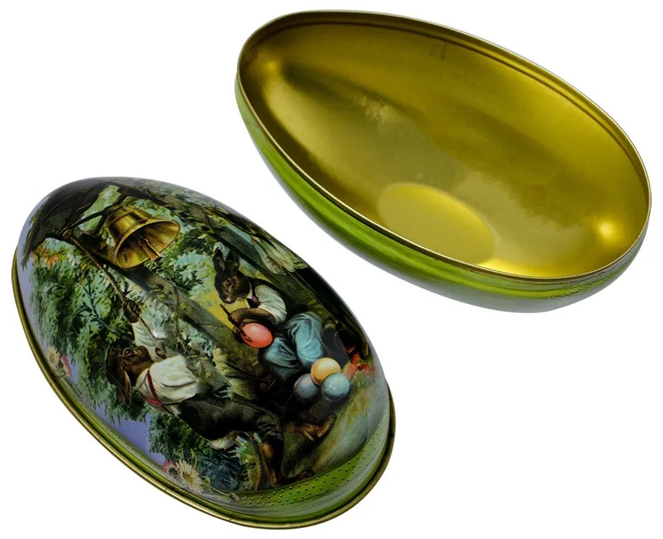 Plechové otváracie vajíčko s králikmi a vajíčkami - 7*11*7 cm