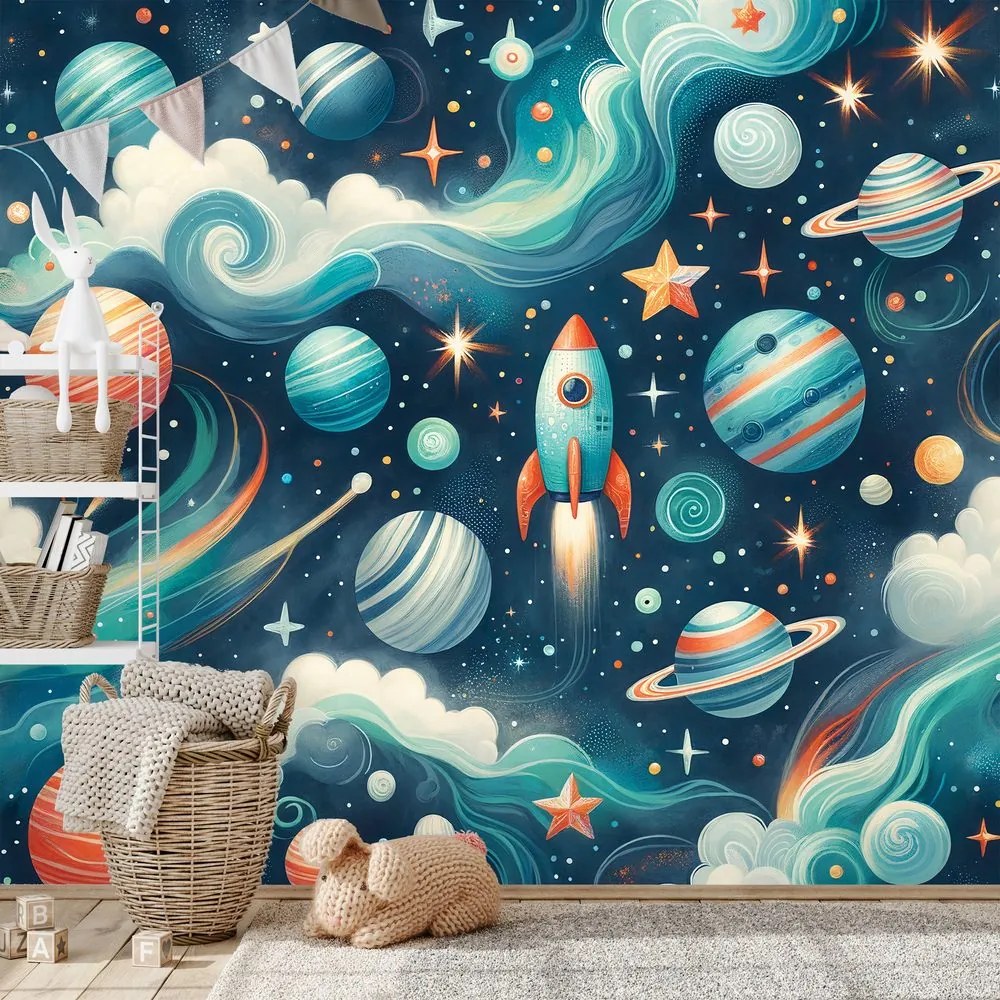 Samolepiaca tapeta farebný vesmír s raketou