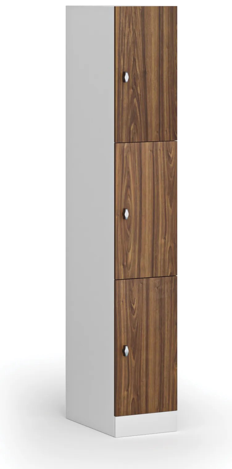Šatníková skrinka S1 s úložnými boxmi, 3 boxy, 1850 x 300 x 500 mm, demont, otočný zámok, laminované dvere, orech