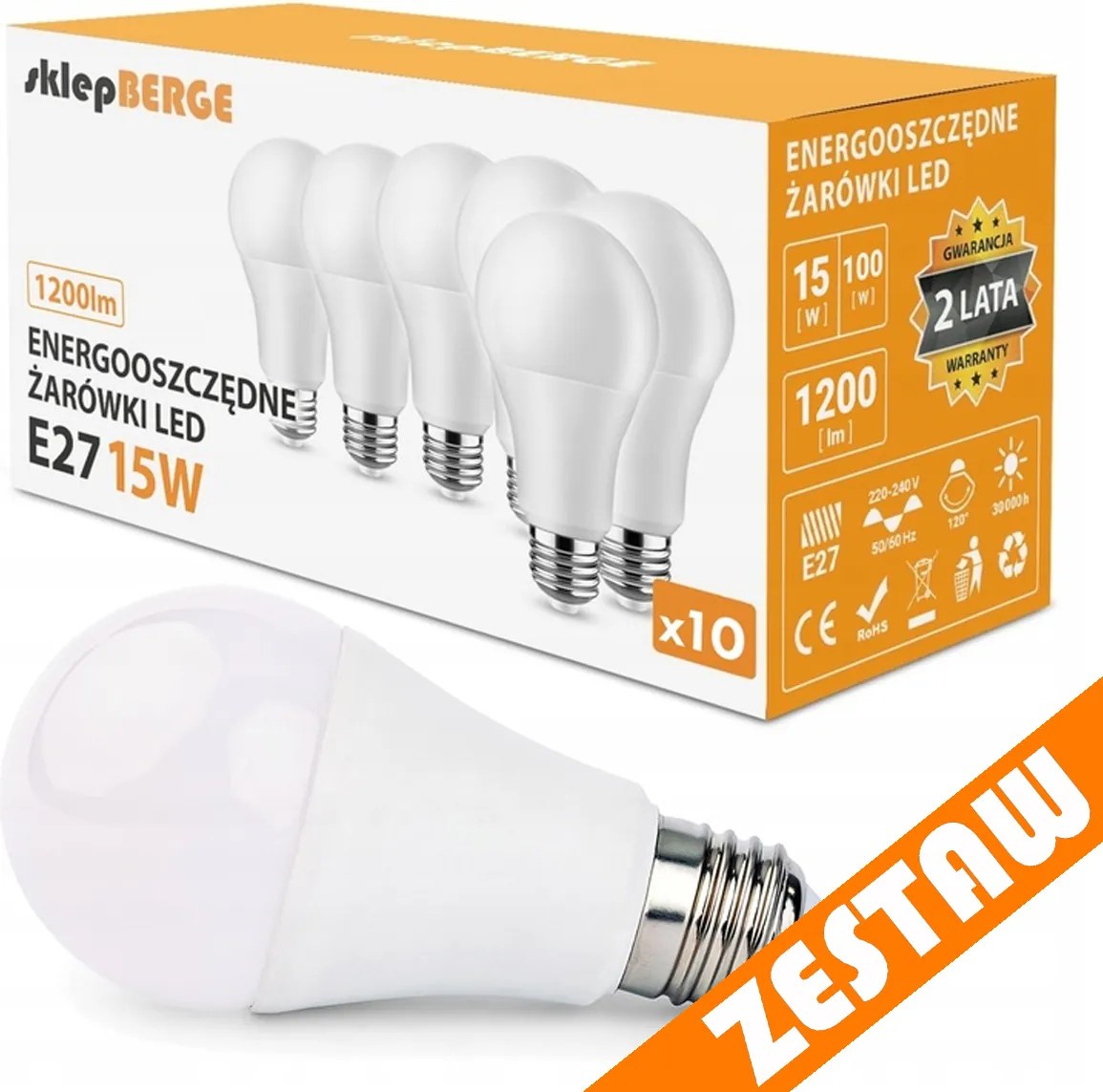 SADA 10x LED žiarovka E27 A60 15W 1200lm 3000K - teplá biela