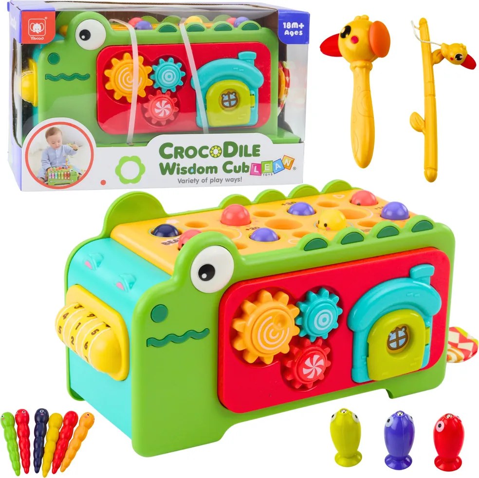 LEAN Toys Senzorická vzdelávacia kocka Cymbals Labyrint Krokodíl