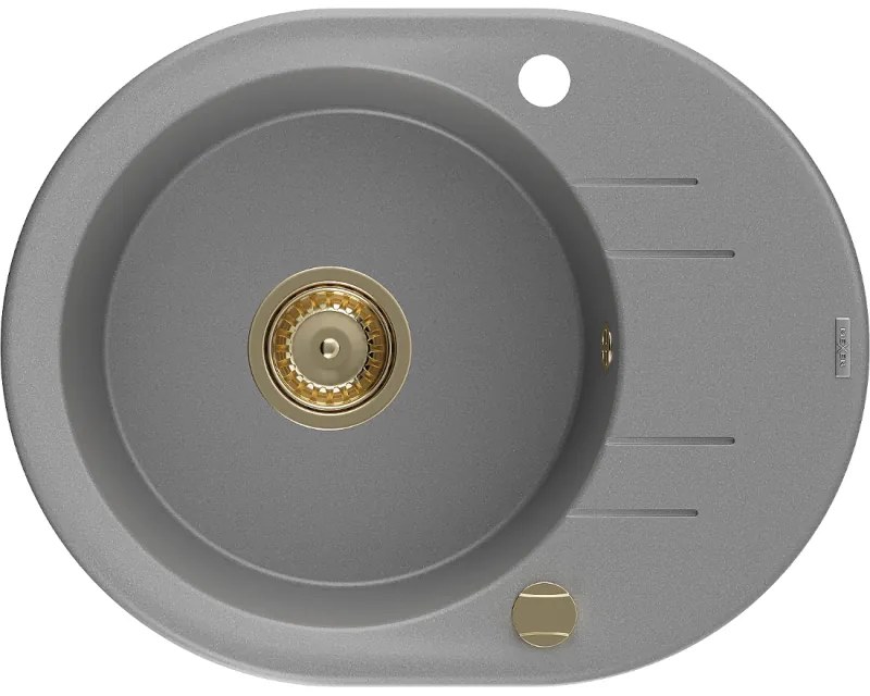 Mexen Kevin, granitový drez 586x458x190 mm, 1-komorový, šedá so zlatým sifónom, 6517581005-71-G