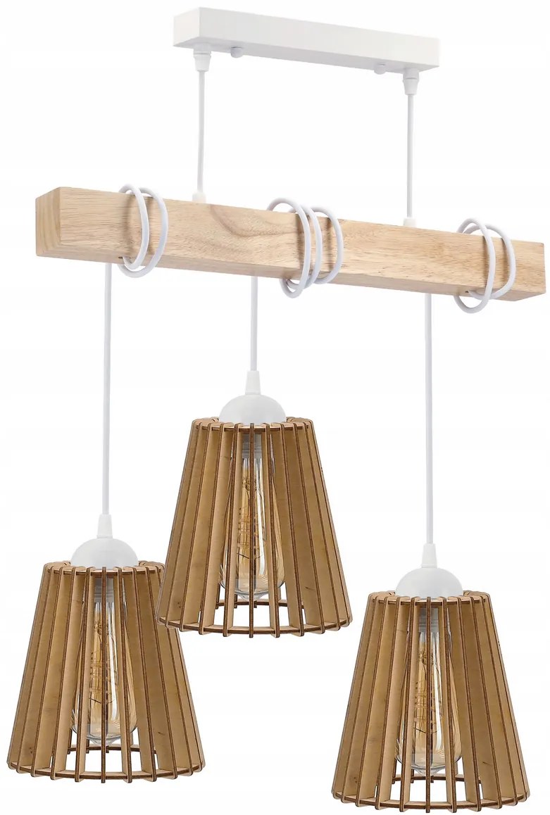 BERGE LED závesné stropné svietidlo biely drevený trám 3xE27 Drevený kužeľový luster