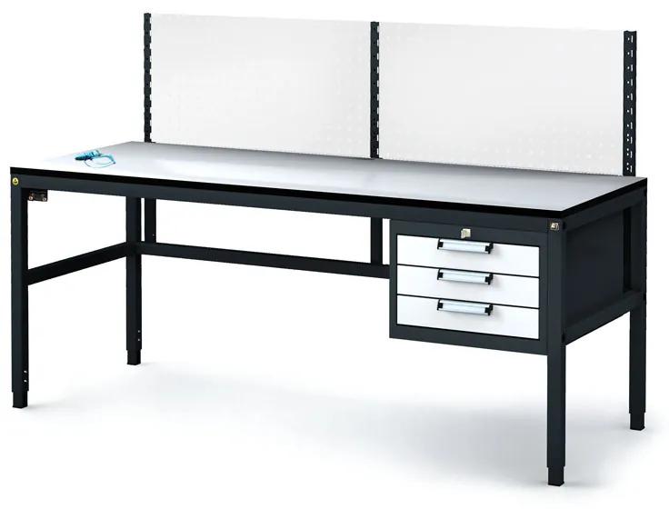 Alfa 3 Antistatický dielenský ESD stôl s perfopanelom, 3 zásuvkový box na náradie, 1800x800x745-985 mm