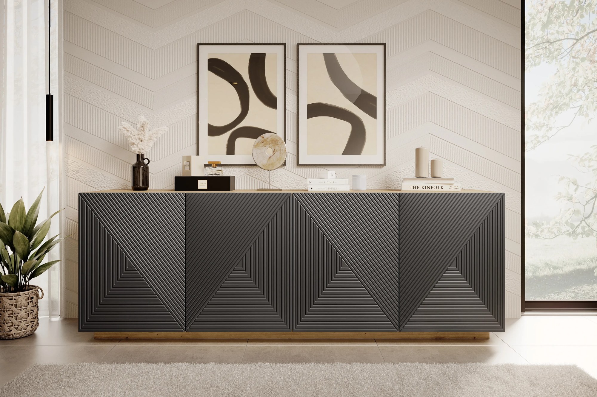 Štvordverová komoda Asha 200 cm - artisan / matný rivier stone