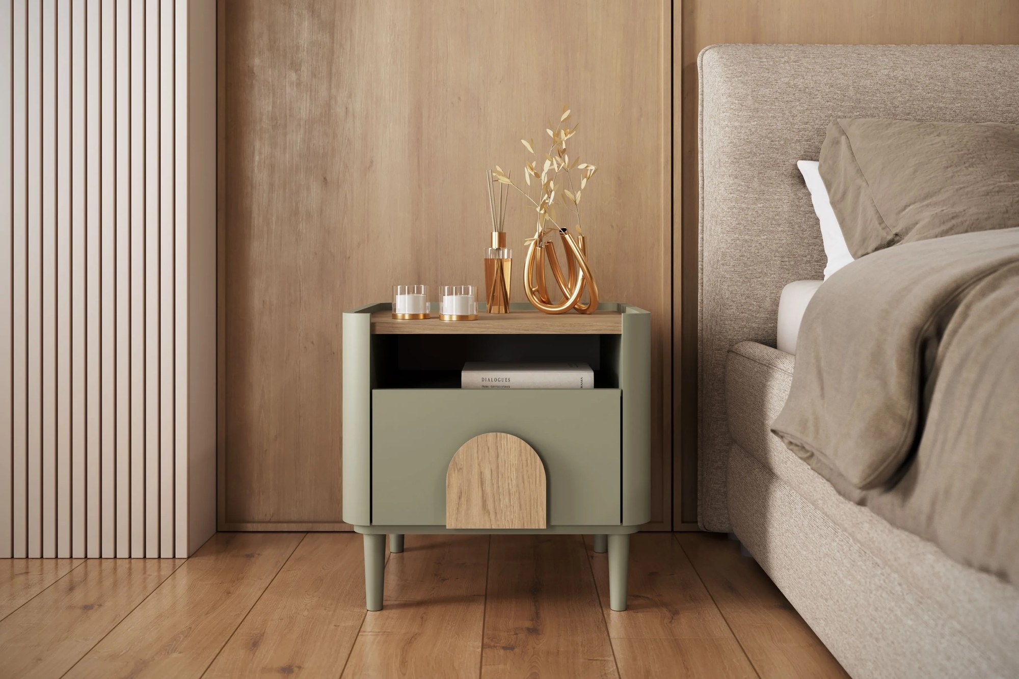 Nočný stolík Amilio 50 cm na nožičkách - eukalyptus / dub baltic dune / dub prírodný
