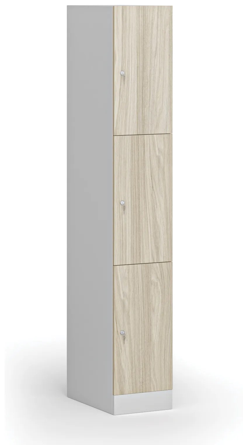 Šatníková skrinka s úložnými boxmi, 3 boxy, 1850 x 300 x 500 mm, cylindrický zámok, laminované dvere, dub prírodný