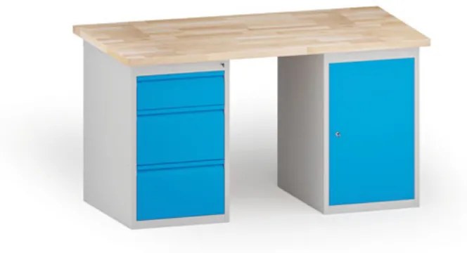 Dielenský stôl KOVONA, 1 závesná skrinka a 3 zásuvky na náradie, buková škárovka, 1500 mm