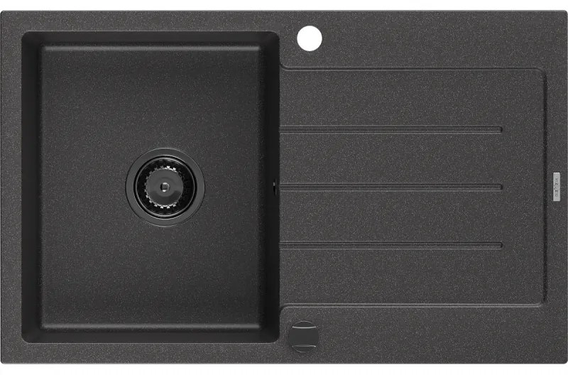 Mexen Bruno, granitový drez 795x495x200 mm, 1-komorový, čierna škvrnitá s čiernym sifónom, 6513791010-76-B