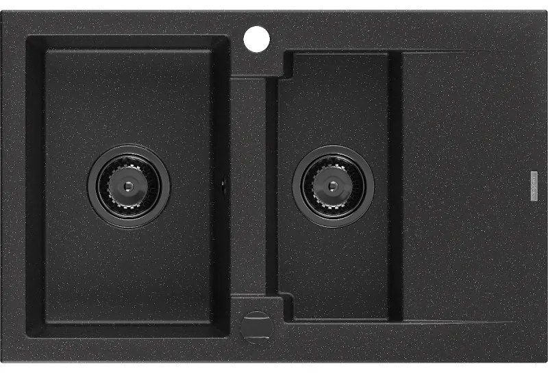 Mexen Gaspar, granitový drez 737x475x177 mm, 1,5-komorový, čierna-strieborná metalíza s čiernym sifónom, 6507731505-73-B