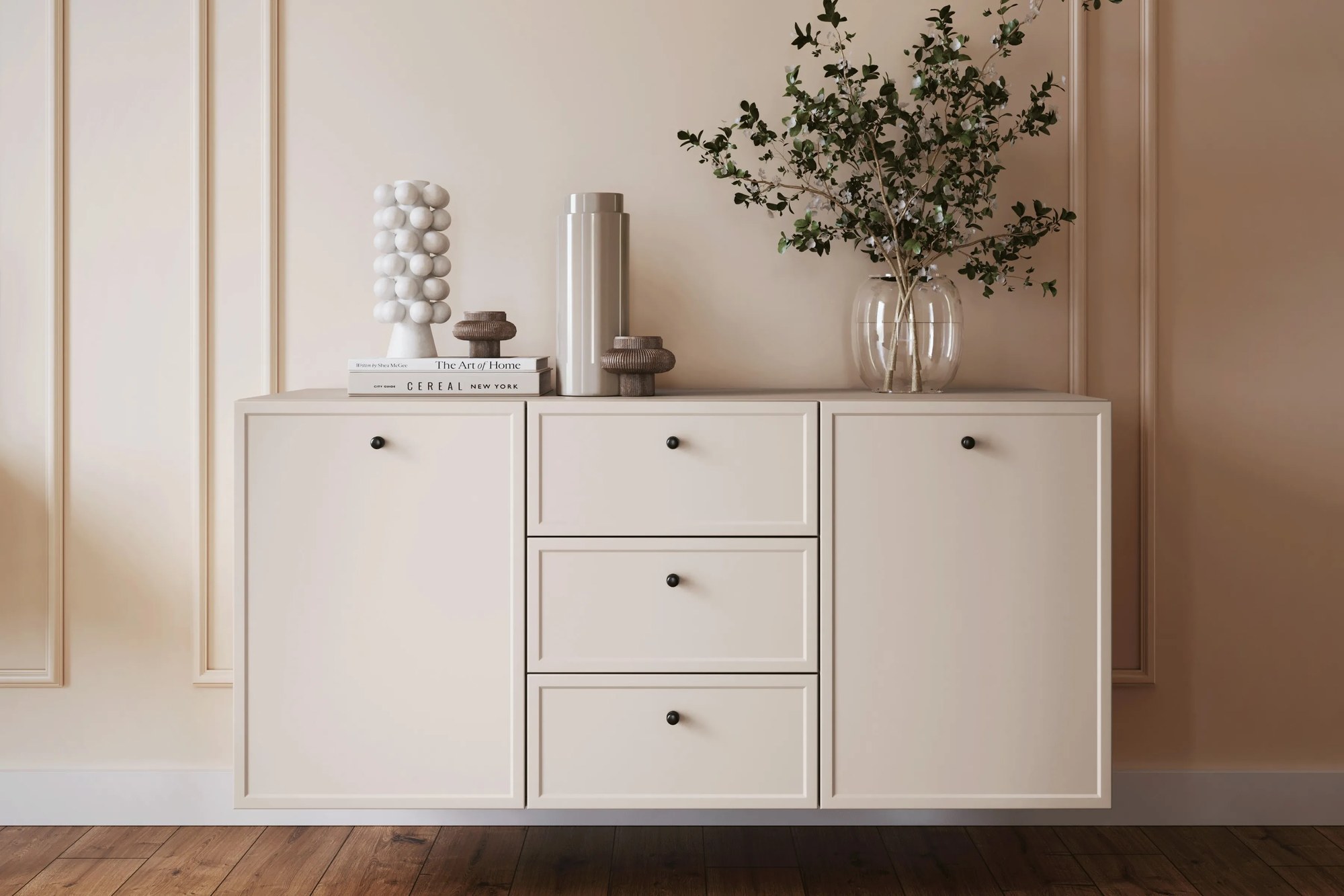 Závesná komoda Lorini 150 cm - kašmírová / čierne úchytky G