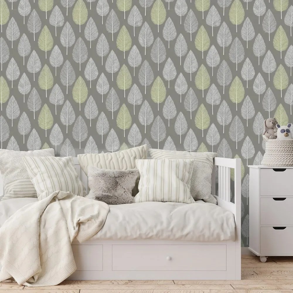 Tapeta sivé a zelené listy na sivom pozadí