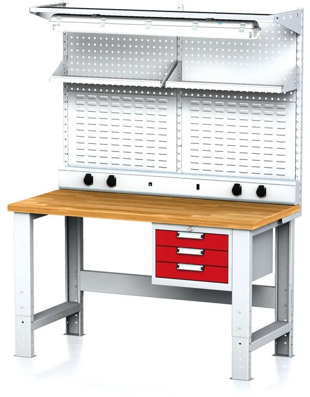 Alfa 3 Nastaviteľný dielenský stôl MECHANIC I + závesný box, nadstavba, polica, el. zásuvky a osvetlenie, 3 zásuvky, 1500x685x700-1055 mm, červené