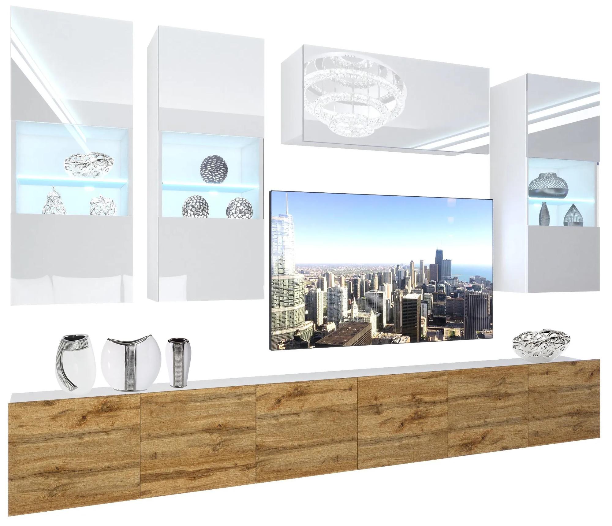 Obývacia stena Belini Premium Full Version biely lesk / dub wotan + LED osvetlenie Nexum 79