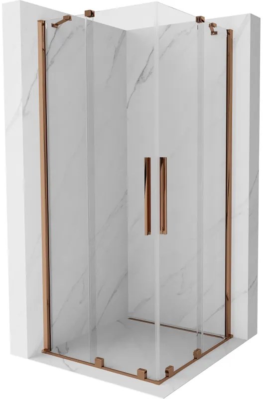 Mexen Velar Duo, sprchový kút s posuvnými dverami 90(dvere) x 90(dvere) cm, 8mm číre sklo, ružové zlato profil, 871-090-090-02-60