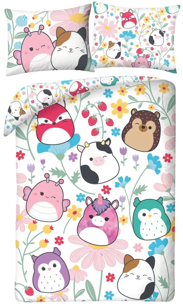 Obojstranné posteľné obliečky z mikrovlákna Squishmallows – motív Flower Friends - 70 x 90 cm + 140 x 200 cm - zipsové zapínanie