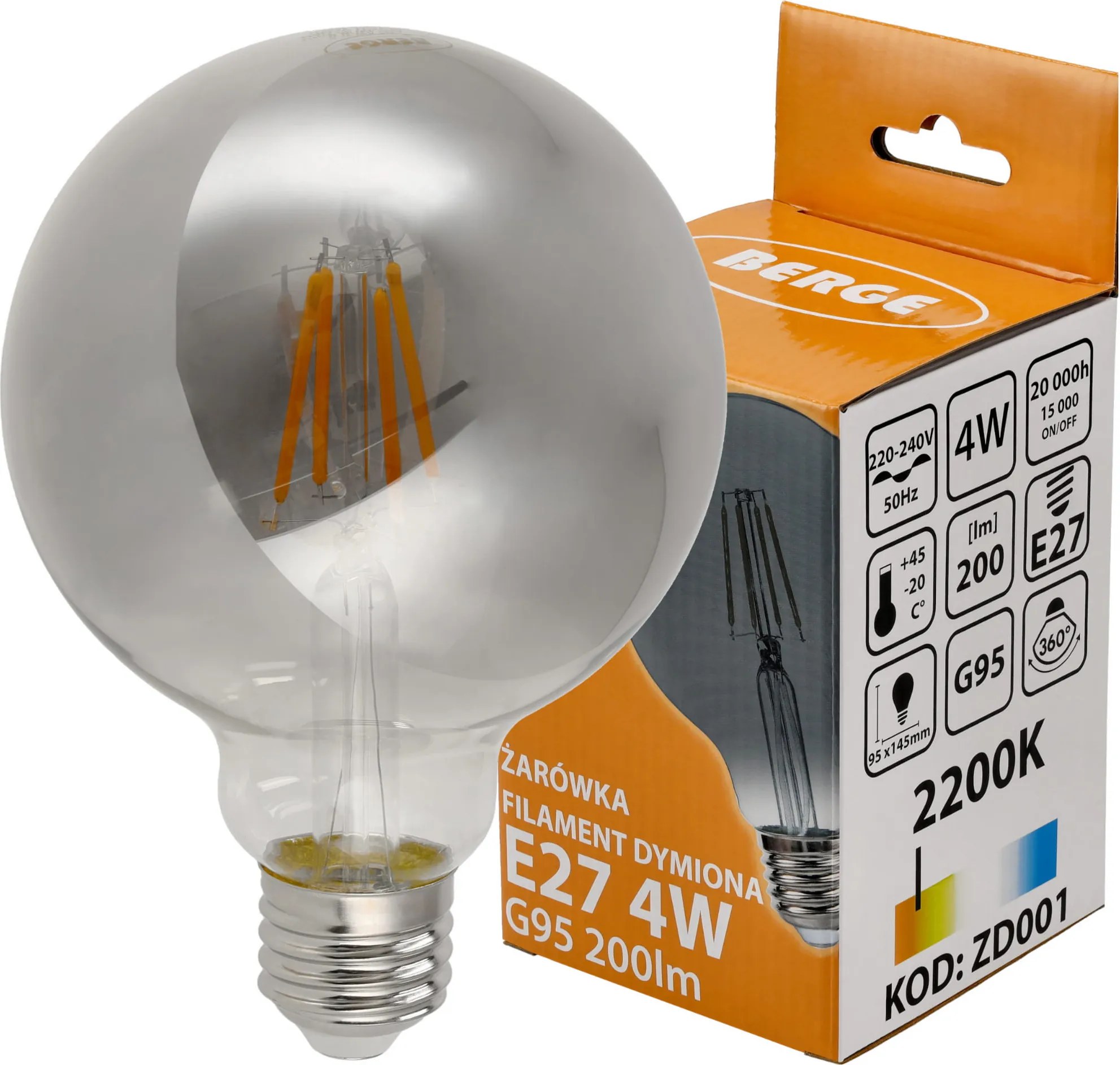 BERGE LED žiarovka G95 - E27 - 4W - FILAMENT - dymová - teplá biela
