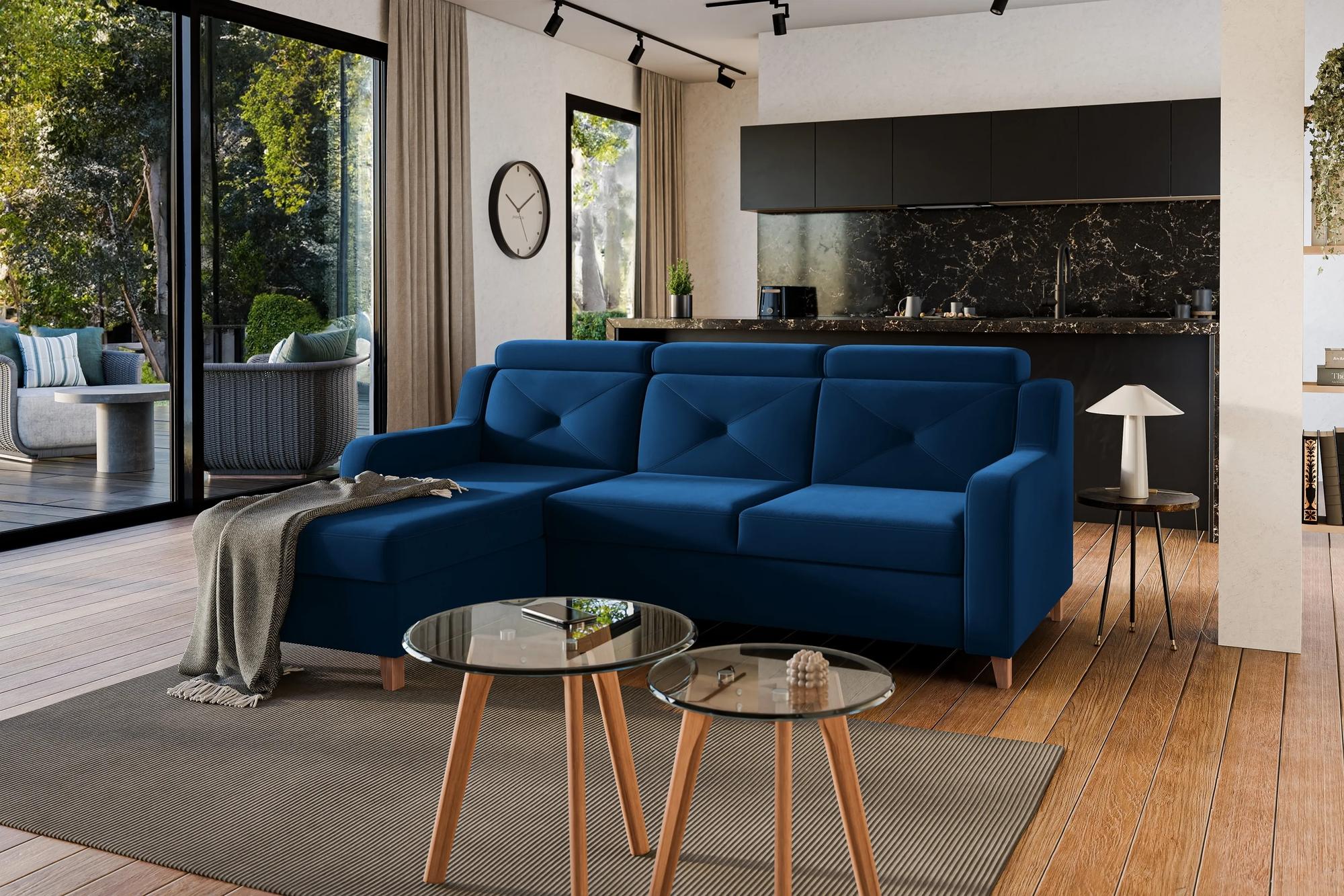 Rohová sedačka Laksaro s rozkladom ľavostranná - modrý zamat Trinity 31