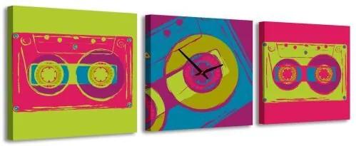 3-dielny obraz s hodinami, Retro tape, 35x105cm 3-dielny obraz s hodinami, Retro tape, 35x105cm