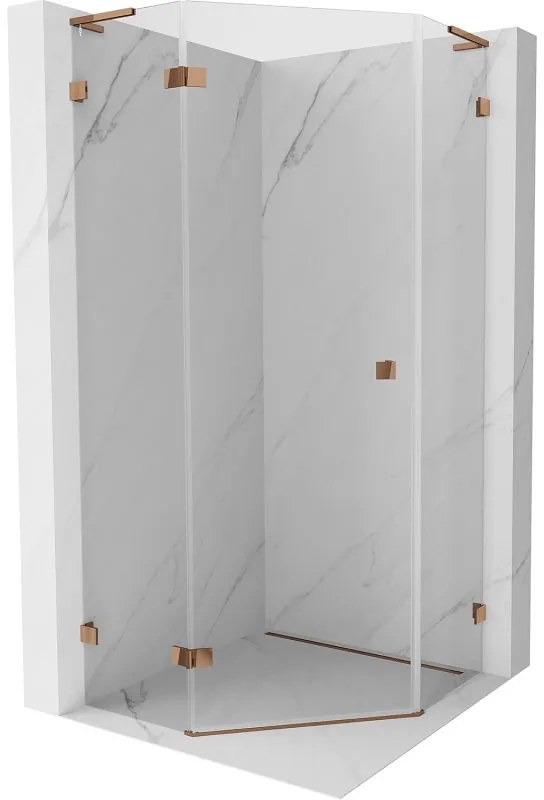 Mexen Lunar, L päťuholníkový sprchový kút naklápací doľava 90 x 90 cm, 8mm číre sklo, profil ružové zlato, 831L-090L-090P-60-00-L