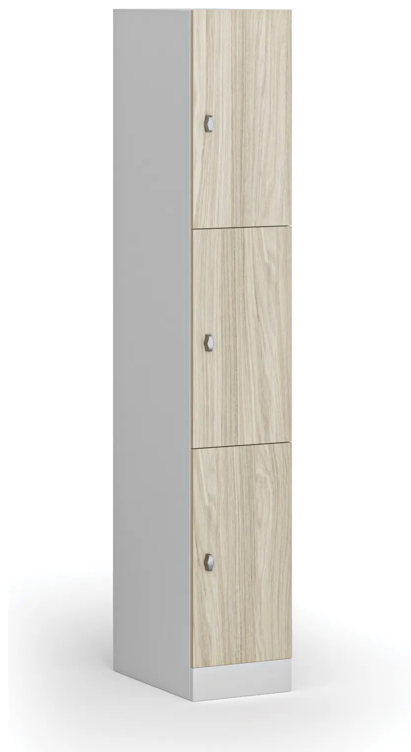 Šatníková skrinka s úložnými boxmi, 3 boxy, 1850 x 300 x 500 mm, otočný zámok, laminované dvere, dub prírodný