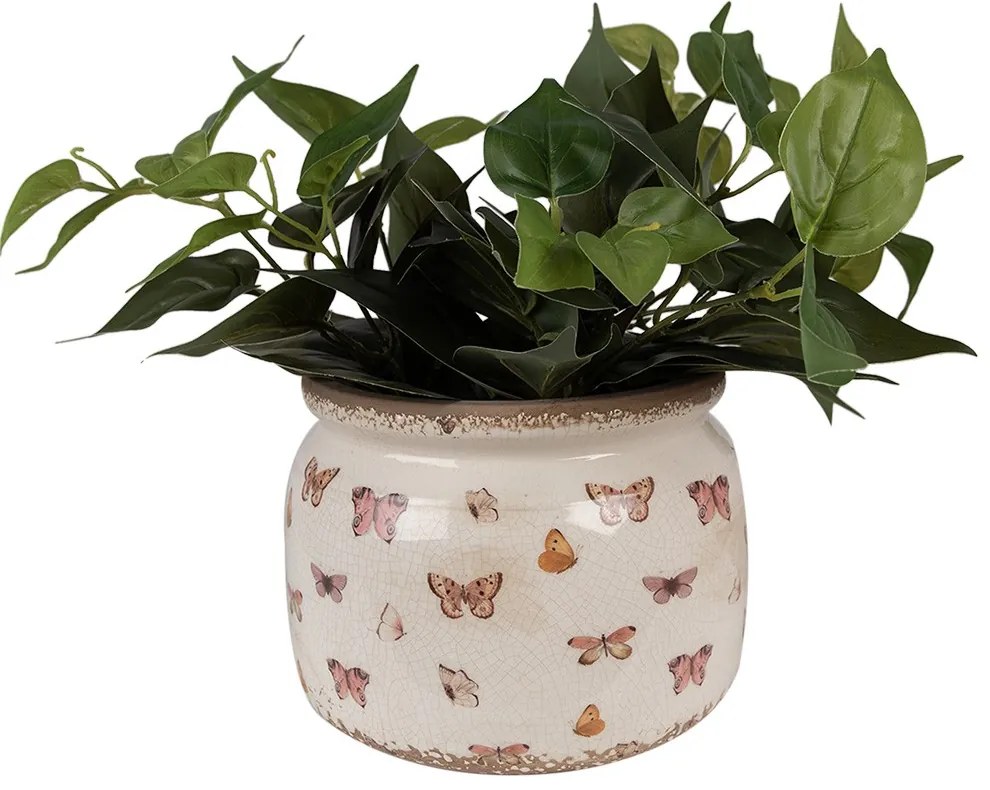 Béžový antik obal na kvetináč s motýlikmi Butterfly Paradise L - Ø 20*15 cm