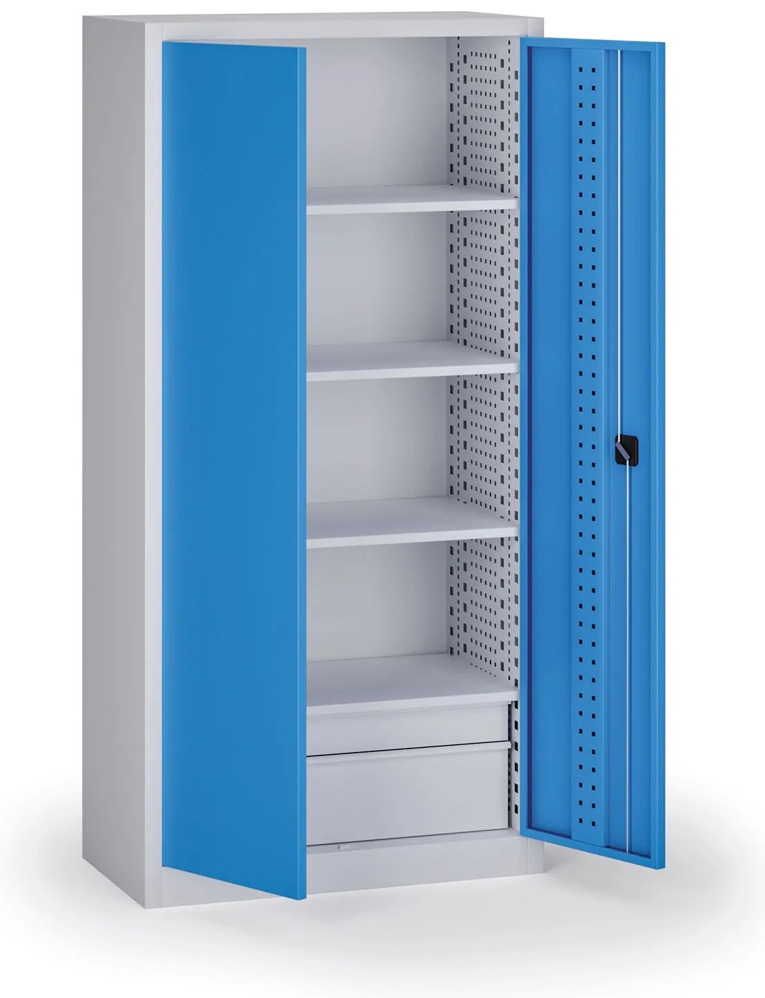 Policová dielenská skriňa 2-dverová, 4 police + 2 zásuvky, 1950 × 950 × 500 mm, modré dvere